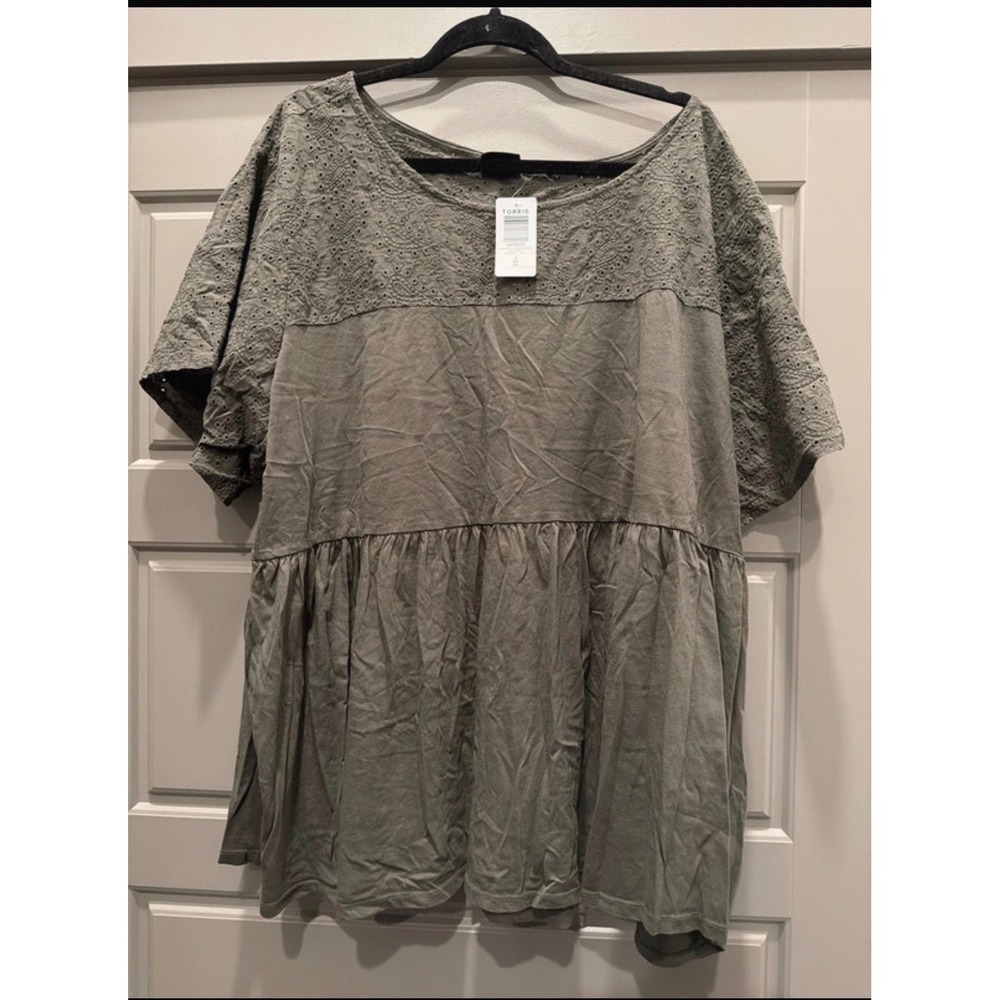 Torrid Vintage Cotton Jersey Eyelet Yoke Babydoll Top Deep Depths Green 4 4X